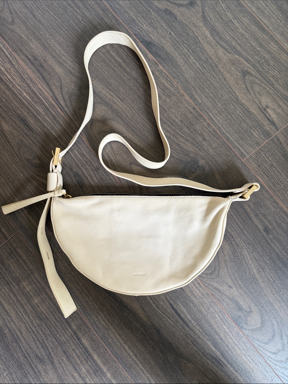 All Saints Cream Leather Crescent Crossbody Bag